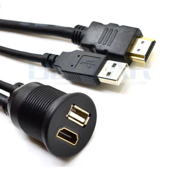 USB 2.0 & HDMI uz HDMI + USB2.0 AUX Pagarināšanu Dash Paneļu Ūdensizturīgs Auto Flush Mount Vadu Auto, Laivu un Motociklu - 3ft 1m