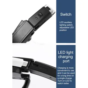 USB Lādējamu Galvu Lupa Galvas Uzstādīts Palielināmo Stiklu, ar 2 LED Apgaismojums & Noņemams Lensesfor Lasījumā Tuvu Darbu