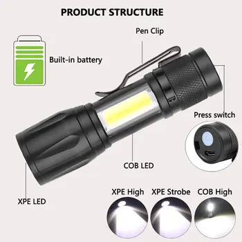 USB Rechargable Pārnēsājams LED Lukturītis COB+XPE LED Lukturītis Ūdensizturīgs Kempings Laternu 3Mode Zoomable Uzmanība, ņemot vērā Taktisko lukturi