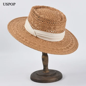 USPOP Sieviešu vasaras rokām austi Panama salmu cepure vīriešu ieliektiem top hat saules cepure elpojošs pludmales cepure