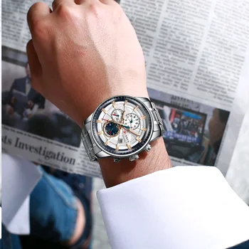 VAI Modes Mens Watch Radošo Chronograph Nerūsējošā Tērauda Kvarca Pulkstenis Militāro Ūdensizturīgs Vīriešu rokas Pulkstenis Relogio Masculino