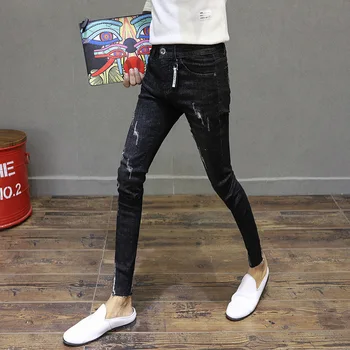 Vairumtirdzniecības 2020. gadam, Modes pusaudžiem potītes garuma bikses ripped caurumu sociālo stiept puisis cieši džinsa džinsi vīriešu slim pencil bikses
