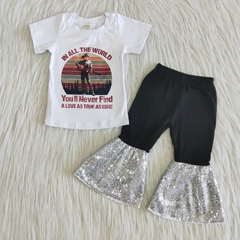 Vairumtirdzniecības Bērniem, Baby Meitenes Boutique Apģērbu Komplekti Bērniem Mūzikas Pelēkā Ģitāra Dziedātāja Krekls Melns Vizuļi Zvani Bikses Apģērbs