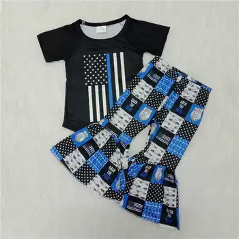 Vairumtirdzniecības Bērnu Veikals Baby Meiteņu Drēbes Iestatīt Zilu Kaklasaiti Krāsošanas Īsām Piedurknēm Krekls Zvani Bikses Modes O-veida kakla Zīdaiņu Apģērbs