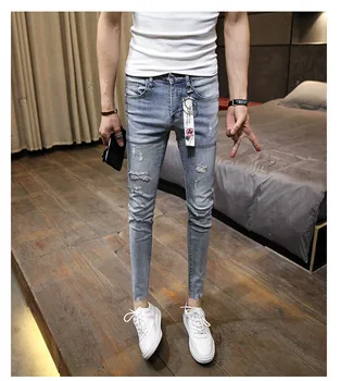 Vairumtirdzniecības lentes Gadījuma pusaudžiem džinsa kovboju studentiem izdilis Sociālo gars puisis caurumu džinsi vīriešu slim kājas bikses, zeķubikses bikses