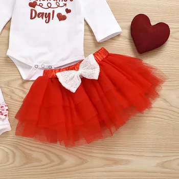 Valentīna Dienā 0-12M Baby Girl Apģērbu Pieci Gabals Uzvalks Īpašu Vēstuli Romper Sequin Loku Marli Svārki un Galvas Kāju Siltāks