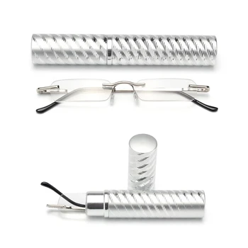 Var Ziedu Mini Portatīvo Lasīšanas Brilles Mazo Metāla Bez Apmales Presbyopic Brilles Ar Pildspalvu Cauruļu Gadījumā, Mini Lasīšanas Brilles+3.5+4
