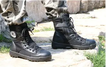 Vasaras apmācības zābaki high-top audekls drošības apavi, acu militāro vīriešiem, spēkus, īpaši elpojošs black super gaismas kaujas zābaki