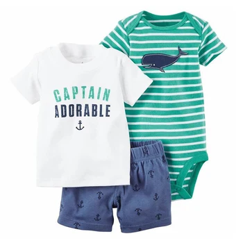 Vasaras apģērbs paredzēts baby boy īsām piedurknēm T krekls topi+tētis vēstuli bodysuit+šorti jaundzimušā apģērbu komplekts dzimis jauns apģērbu uzvalks