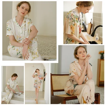 Vasaras Autum Sieviešu Pidžamas Komplekti ar Ziedu Drukāt Modes Luksusa Sievietes 2 Divi Gabali pijamas sieviešu Naktskrekli Sleepwear