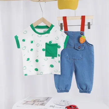 Vasaras Bērnu Apģērbu Tērps Mazulim Meitene Zēns Īsām Piedurknēm T-krekls +Burkānu Džinsa Bikses, Siksnas Bērniem Toddler 2gab Apģērbs, Komplekts