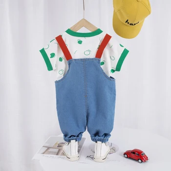 Vasaras Bērnu Apģērbu Tērps Mazulim Meitene Zēns Īsām Piedurknēm T-krekls +Burkānu Džinsa Bikses, Siksnas Bērniem Toddler 2gab Apģērbs, Komplekts