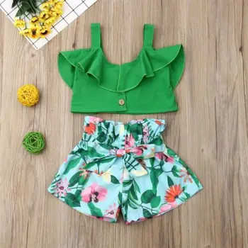 Vasaras Bērnu Meitene Bērniem, Brīvdienu Ziedu Apģērbs Uzstādīt Kokvilnas T Krekls Topi+Priekšgala Šorti Toddler Sunsuit Apģērbu Komplekts