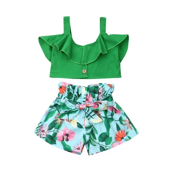 Vasaras Bērnu Meitene Bērniem, Brīvdienu Ziedu Apģērbs Uzstādīt Kokvilnas T Krekls Topi+Priekšgala Šorti Toddler Sunsuit Apģērbu Komplekts