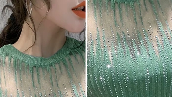 Vasaras korejas Apģērbu, Adīt T-krekls Sexy Dimantu Caurspīdīga Sieviešu Topi Ropa Mujer Krekls ar Īsām Piedurknēm Elastīgs Tees 2020. Gadam T04915