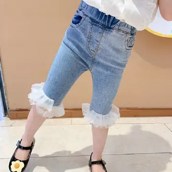 Vasaras korejas slim džinsa bikses bērniem, meitenēm, kuru linuma acs bikses, bērnu apģērbs, bērnu apģērbs, baby toddler mežģīnes ruffles džinsi Capri