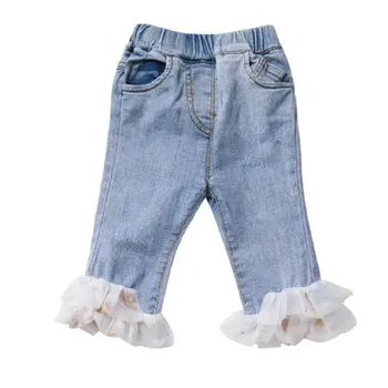 Vasaras korejas slim džinsa bikses bērniem, meitenēm, kuru linuma acs bikses, bērnu apģērbs, bērnu apģērbs, baby toddler mežģīnes ruffles džinsi Capri