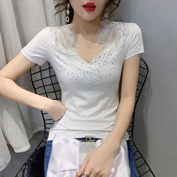 Vasaras Modes korejas Sexy Apģērbu Izšūšana Dimantu T-krekls Sievietēm, Topi, Kokvilna Ropa Mujer Zemāko Krekls, t-veida 2020 