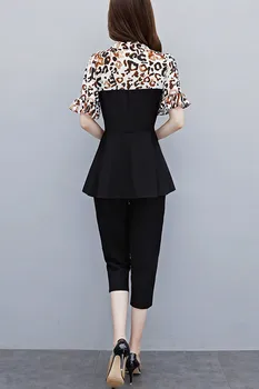 Vasaras OLA Divas Gabals, kas Sieviešu Plus Izmēra 5xl Modes Leopard Raibs Tunika Mežģīnes Up Tops + Bikses Kopa Uzvalks korejas Darba Apģērbs