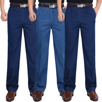 Vasaras Plānas Dubultā Kroku Vīriešu Augsta vidukļa džinsus Zaudēt Stiept Taisni Gadījuma zilās Džinsa bikses Lielāku Izmēru 30-44 46