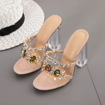 Vasaras Sandales Sieviešu Papēžiem Modes Crystal Diamond Slaidi Skaidrs, PVC Caurspīdīga augstpapēžu kurpes Sieviešu Kurpes Peep Toe augstpapēžu Čības