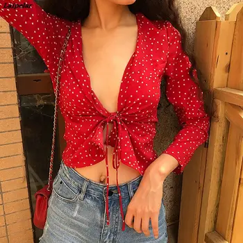 Vasaras Sexy Sarkanu Apmetni Zvaigžņu Blūze sievietēm Polka Dot Star Print V Kakla Šiks krekls ar garām piedurknēm Blusas Īsi Topi kimono 2020