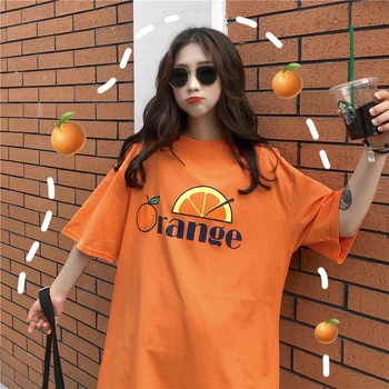 Vasaras T-krekls Sievietēm Gadījuma T-krekli korejiešu Stilā Ulzzang Harajuku Burtiem Uzdrukāts Oranžs Jauki Tshirt Sieviešu Apģērbs