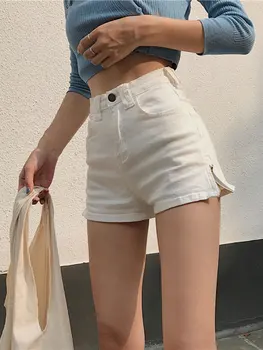 Vasaras Vintage Augsta Vidukļa Sānu zip Džinsa Bikses Sievietēm korejiešu Stilā Casual Bikses, Džinsi Vasarā Karstā Īsās Bikses