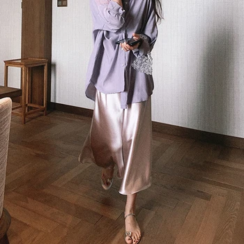 Vasaras Zīda Midi Svārki Sieviešu Korejas Anglijas Stila Dot Satīna Biroja Dāma Vienkārši Svārki Melnās Plus Lieluma Svārki