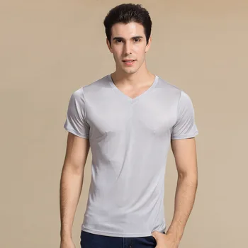 Vasarā jaunu vīriešu zīda V-veida kakla īsām piedurknēm T-krekls mulberry zīda double-sided adīšanas zemāko krekls kultūras krekls 7002
