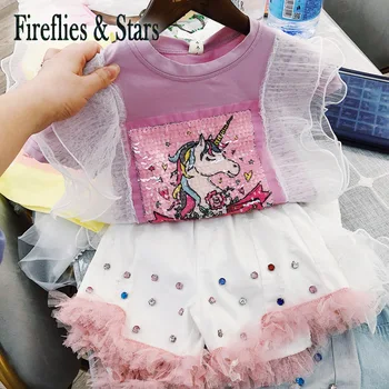 Vasarā meitenes tee kreklu bērnu T krekls bērnu džemperi bērnu topi Apģērbi krāsas unicorn sequin vēstuli sirds no 3 līdz 9 gadiem