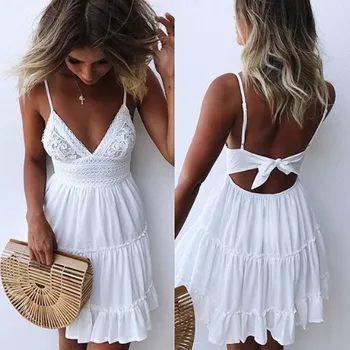 Vasarā Sievietēm Mežģīnes Pavada Balta Kleita Sexy Backless Pludmales Kleitas 2020. Gadam Sieviešu Modes bez Piedurknēm Siksniņa Gadījuma Mini Sundress #g1
