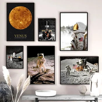 Venus Astronauts Raķešu Zvaigžņotām Debesīm Sienas Mākslas Audekls Gleznošanai Ziemeļvalstu Plakāti Un Izdrukas Sienas, Attēlus Dzīvojamā Istaba Guļamistaba Dekori