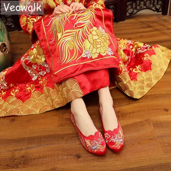 Veowalk Vintage Ķīniešu Stilā Sievietēm, Kas Zīda Izšuvumiem Sarkanā Kāzu Kurpes Augstas Klases, Elegants Dāmas Ērti Līgavas Dzīvoklis Apavi
