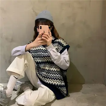 Veste Adīta retro v-veida kakla jaka hip hop korejiešu stilā, lielgabarīta apģērbu bez piedurknēm topi jauniešu ins japāņu jakas