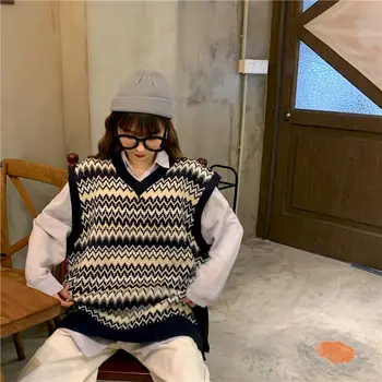 Veste Adīta retro v-veida kakla jaka hip hop korejiešu stilā, lielgabarīta apģērbu bez piedurknēm topi jauniešu ins japāņu jakas