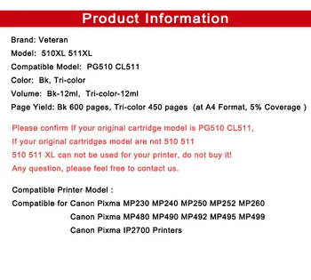Veterāns, pg-510 cl-511 atkārtoti uzpildīt tintes kasetnes canon pg510 pg 510 cl-511 pixma mp250 mp280 IP2700 MP240 MP270 MP480 MX320