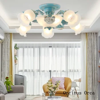Vidusjūras Dārza Rožu griestu lampa Meitene Guļamistaba Princese istabas lampas francijas luksusa ROZĀ stikla griestu lampas