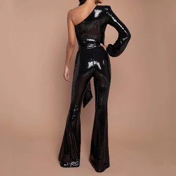 Viena pleca, melns Jumpsuit mirdzoša sequin Clubwear Garās Bikses, piedurknes Puses Kombinezonus Sieviešu sexy Jumpsuits viens gabals apģērbs