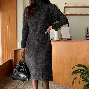 Viengabala Sieviete Trikotāžas Džemperis Kleita Korejas Garām Piedurknēm Augstu Uzrullētu Apkakli Adīt Džemperis Kleita Sieviešu Rudens Ziemas Midi Kleitas 2021