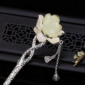 Viens Briedis S925 Mārciņa Hotan Lotus Matadatu Elegants Ķīniešu Apģērbu, Tērpu, Matu Piederumus, Retro Cepures