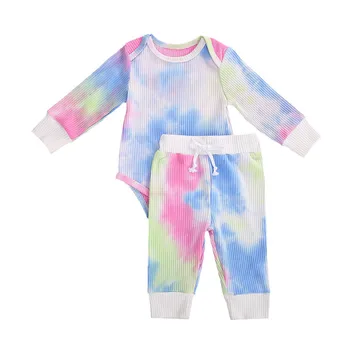 Viens Persent Ir 2021. Modes Baby Girl Apģērbu Mazulis Jauno Dzimis kaklasaišu krāsošanas Drukāt ar garām Piedurknēm ar Mežģīņu Augšu, Bikses Jaundzimušo Komplekts