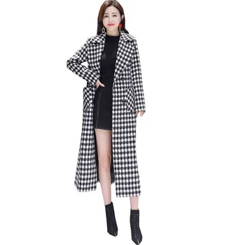Vilnas Mētelis Sieviešu Houndstooth Plus Lieluma Ir 2021. Rudens Ziemas Jauno korejas Modes Sabiezējumu Zem Ceļa Režģu Sieviešu Jaka 51M