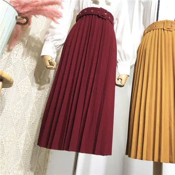 Vintage Augsta Vidukļa Kroku Svārki Sievietēm Cietās Siksnas Midi Svārki 2020. Gada Rudenī Jauna Eleganta Sieviešu-line Svārki Saia Mujer Faldas