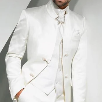 Vintage Baltās Gara Tunika Vīriešu Uzvalki Līgavainis Kāzu Uzvalku ar Piecelties Apkakle 3 Gabals Vīriešu Modes Apģērbu Komplekts Jaka, Bikses, Vestes