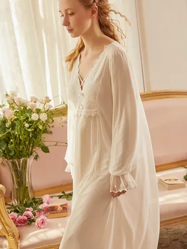 Vintage Baltās Mežģīnes Sieviešu Garās Nightgowns garām Piedurknēm, Elegants Princese Ilgi Sleepwear Royal Zaudēt Nightdress Pavasara Rudens