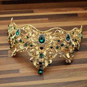 Vintage Baroka Galvas Rotas Diamante Līgavas Diadem Milzīgs Kāzu Tiara Red Green Crystal Karalis Un Karaliene, Vainagi Balli Gājienā