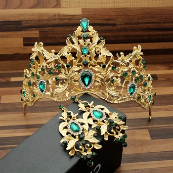 Vintage Baroka Galvas Rotas Diamante Līgavas Diadem Milzīgs Kāzu Tiara Red Green Crystal Karalis Un Karaliene, Vainagi Balli Gājienā