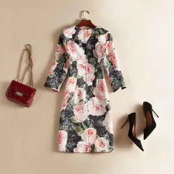 Vintage Black Ziedu Žakarda Kleita Modes O-Veida Kakla Pusi Piedurknēm Gadījuma Kleitas J0622