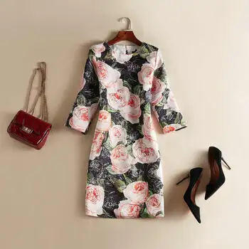 Vintage Black Ziedu Žakarda Kleita Modes O-Veida Kakla Pusi Piedurknēm Gadījuma Kleitas J0622